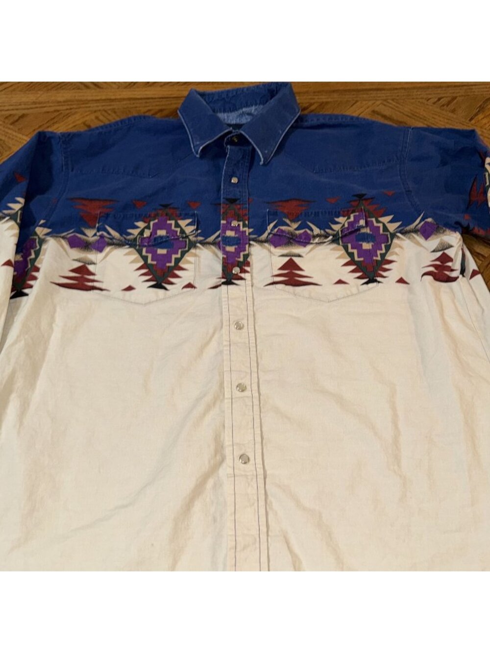 Vintage Wrangler Western Shirt Aztec Print Pearl Snap Denim Cream Size XL